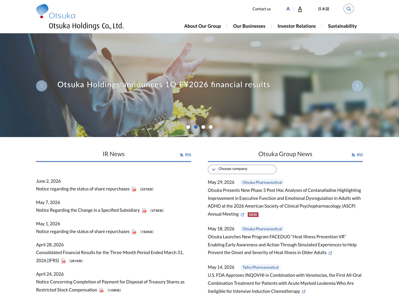 Otsuka Holdings website screenshot
